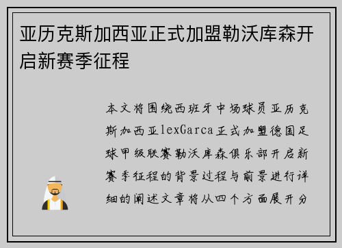 亚历克斯加西亚正式加盟勒沃库森开启新赛季征程